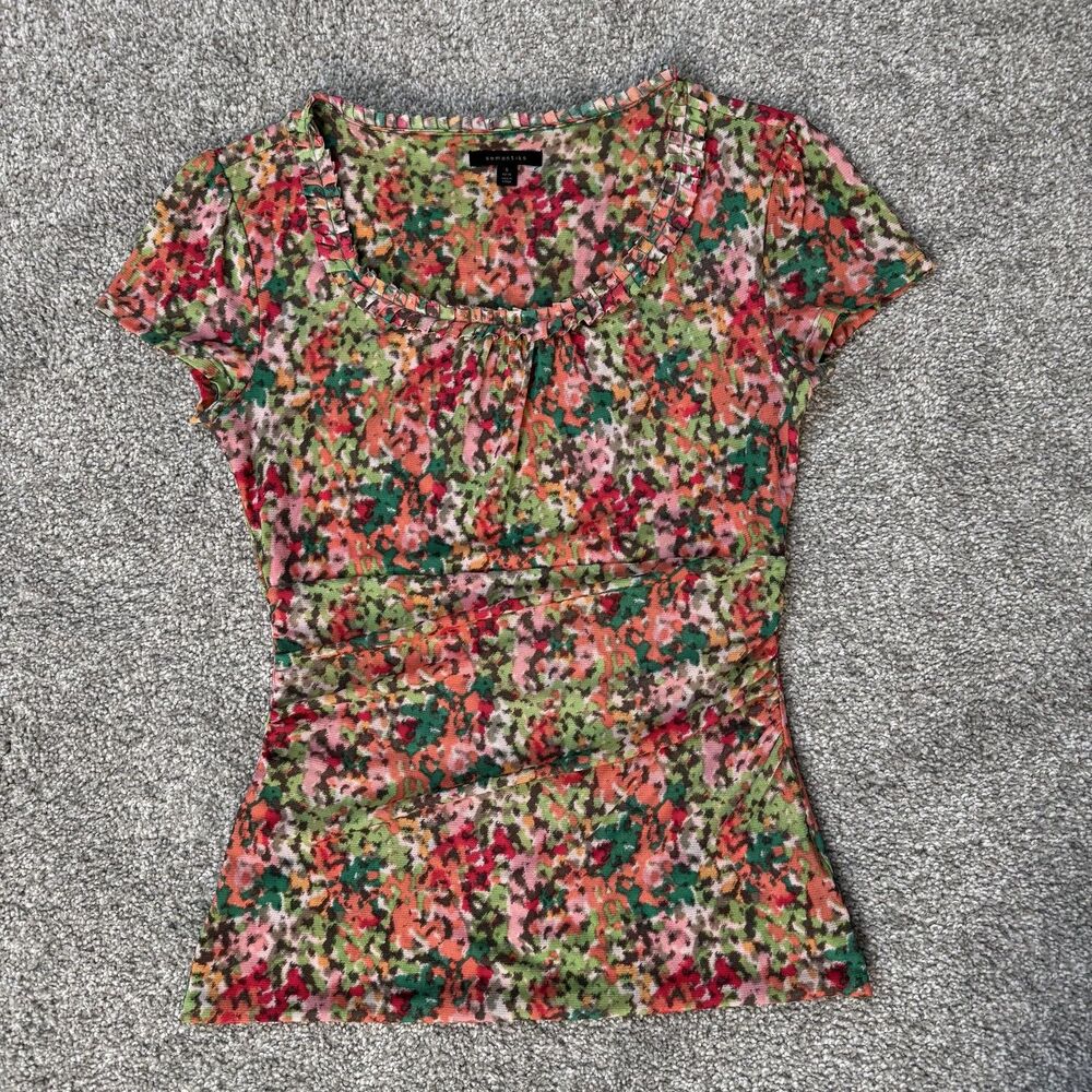 Semantiks Blouse Womens Small Petite Multicolor Ditsy Floral Ruffle Ruched Y2K